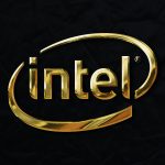 a gold intel logo on a black background