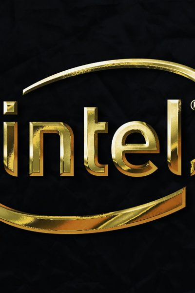 a gold intel logo on a black background