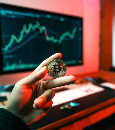 a person holding a coin in front of a computer