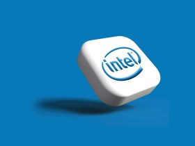 the intel logo is shown on a white cube