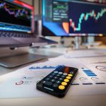 smartphone calculator on desk with financial charts behind