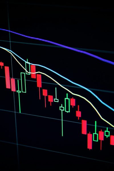 stock market candlestick chart on dark screen