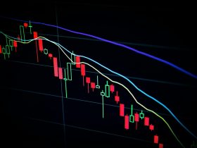 stock market candlestick chart on dark screen